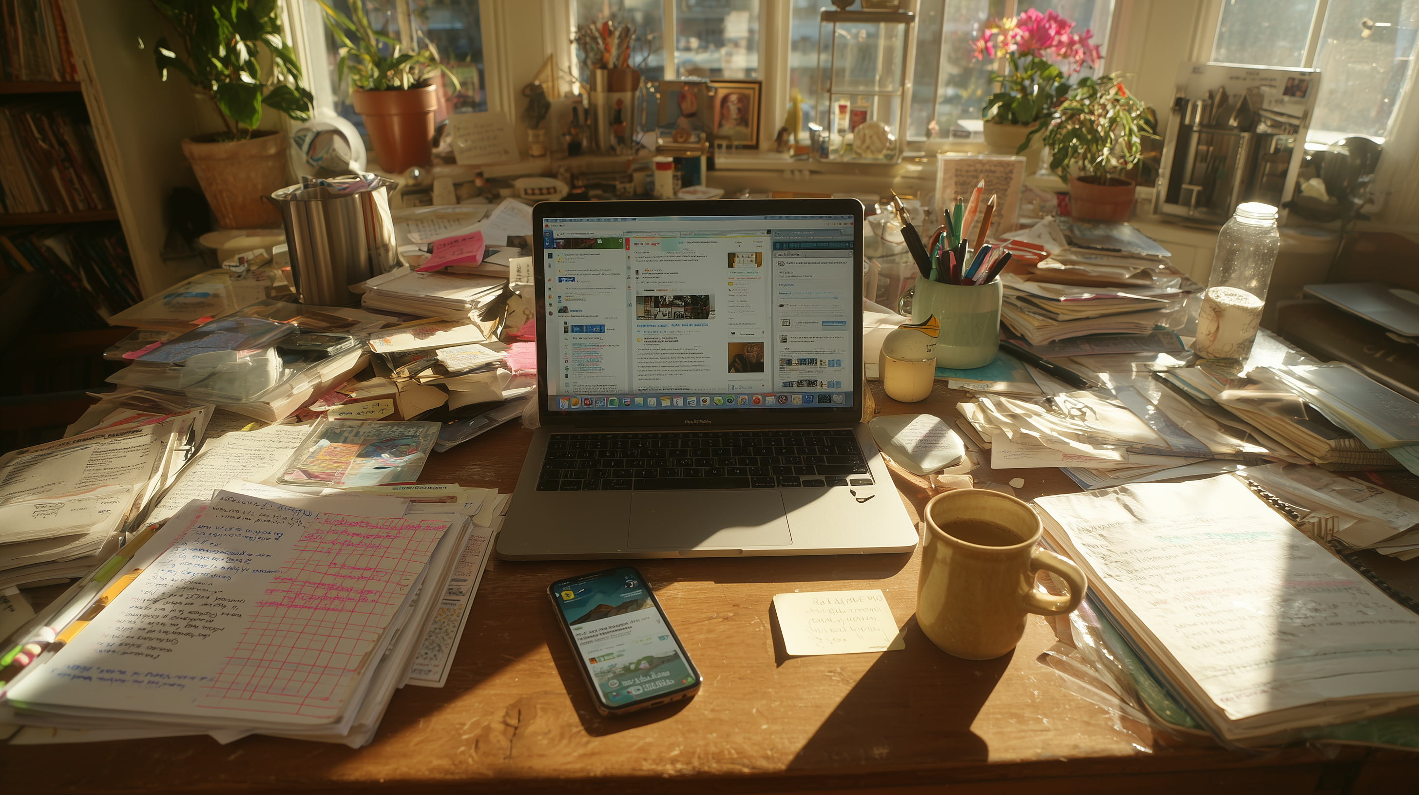 Business chaos - cluttered desk overhead view showing manual processes and lack of organization