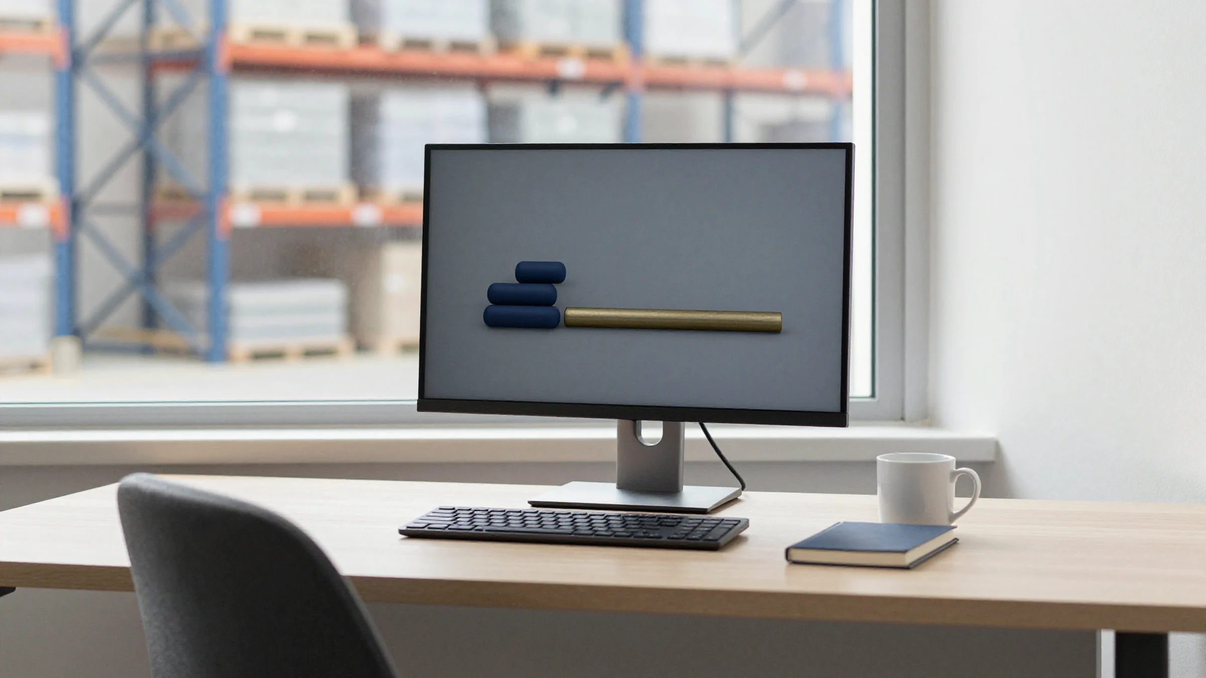 Illustration: an empty desk and a screen, with a warehouse beyond the window.