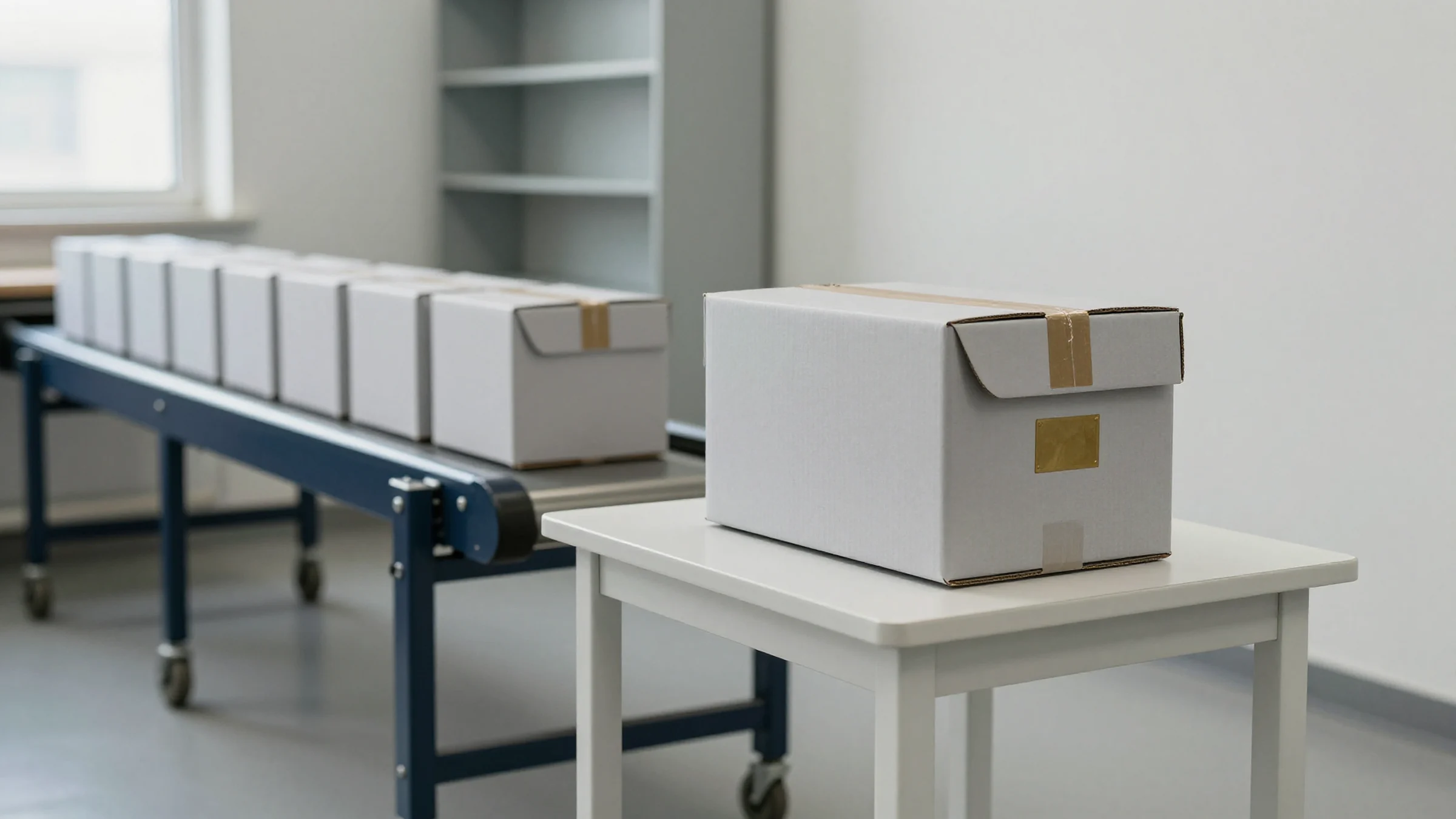 Illustration: plain boxes on a conveyor belt, with one set aside on a small white table and marked with a brass tag for checking.