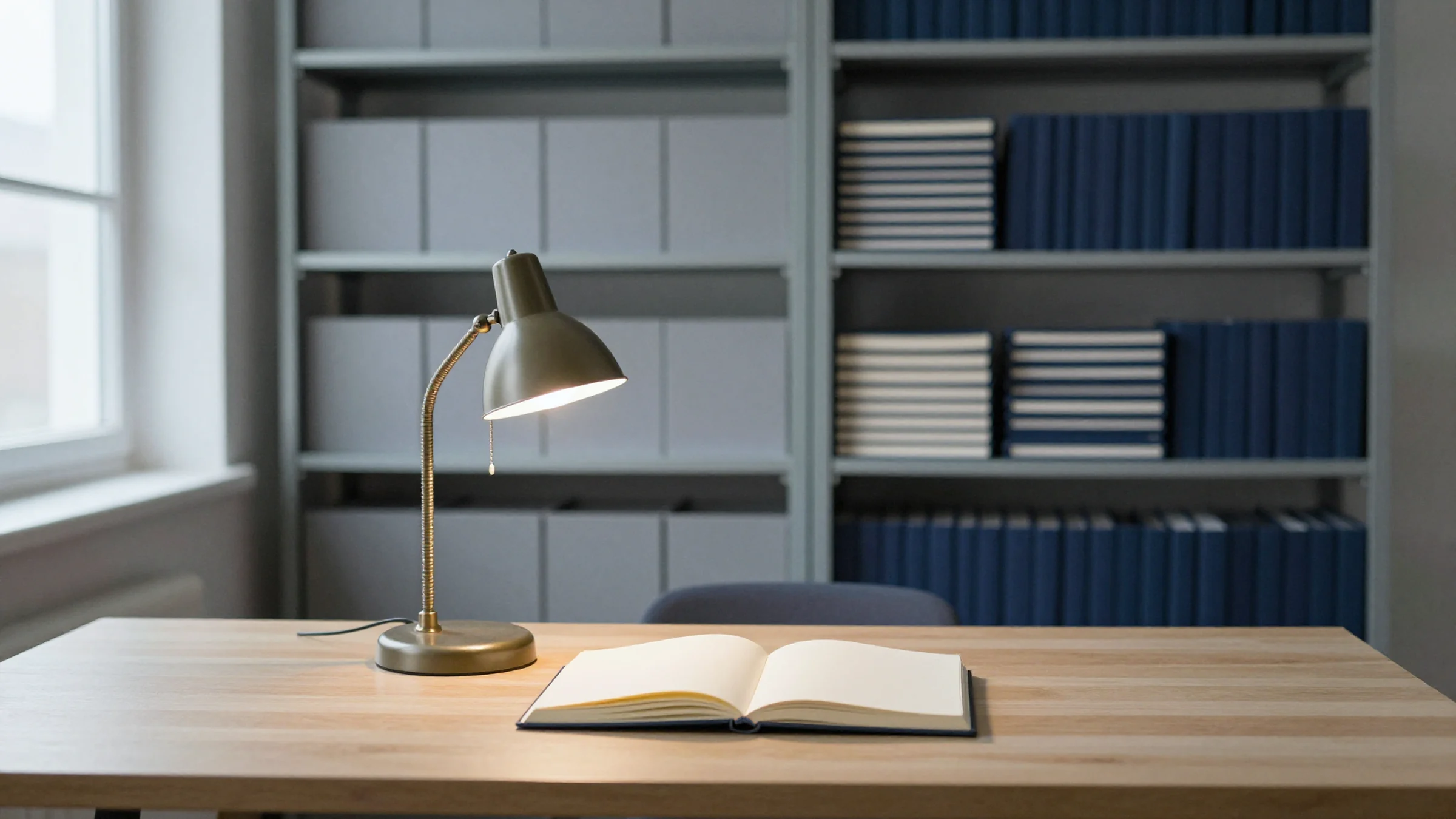 Illustration: a desk lamp and an open blank notebook on a wooden table, in front of shelves of grey archive boxes and navy bound volumes.