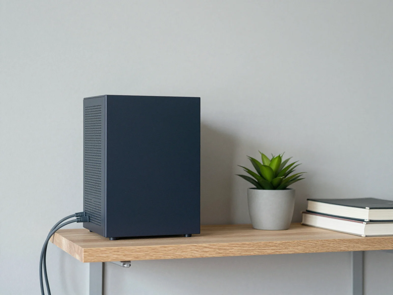 Illustration: a small navy computer on a wooden shelf, beside a potted plant and two books.