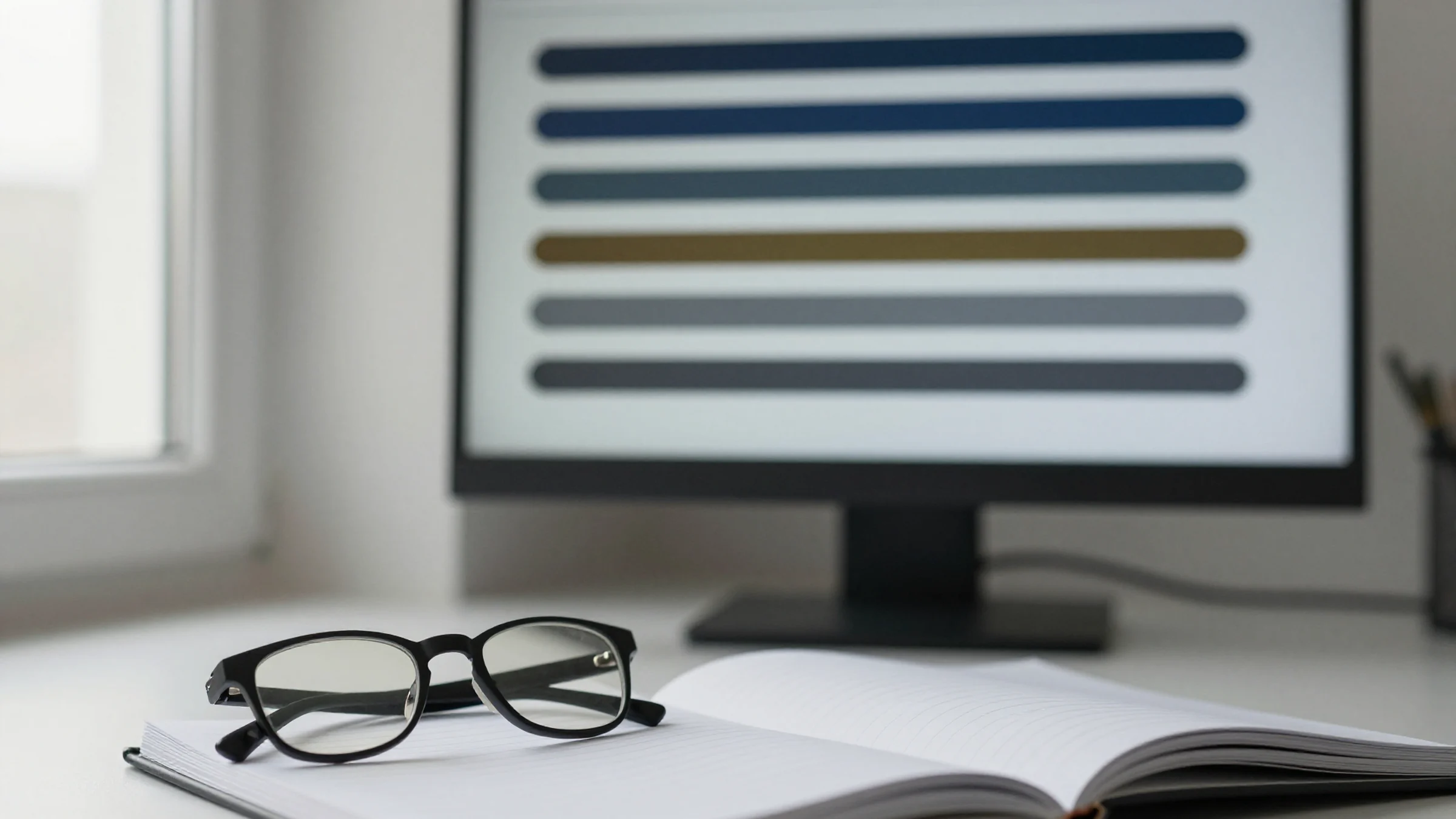 Illustration: glasses on a notebook in front of a screen of abstract lines.
