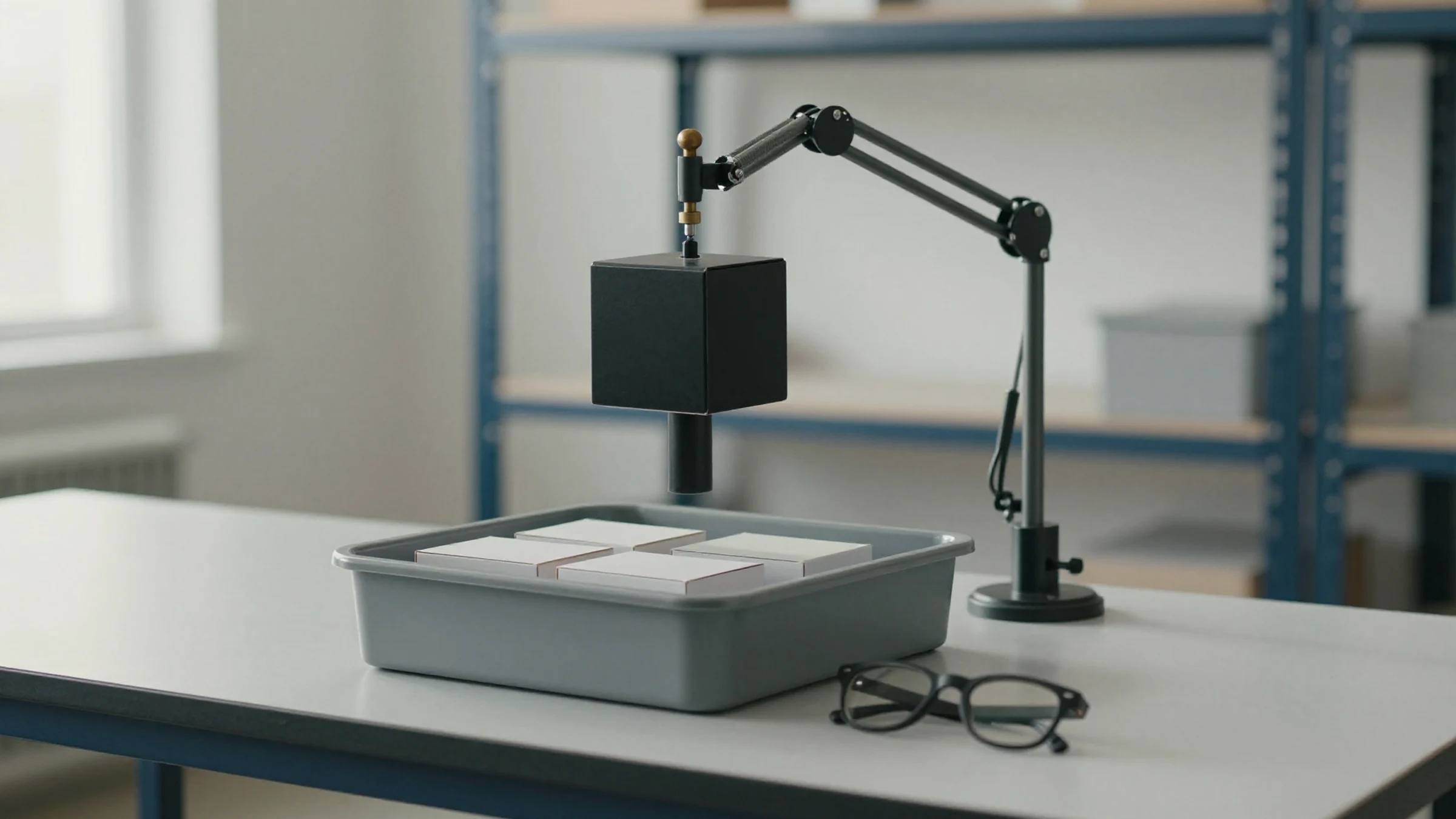 Illustration: a small black camera on an arm looking down into a grey tote of white boxes, with a pair of black-framed glasses on the bench.