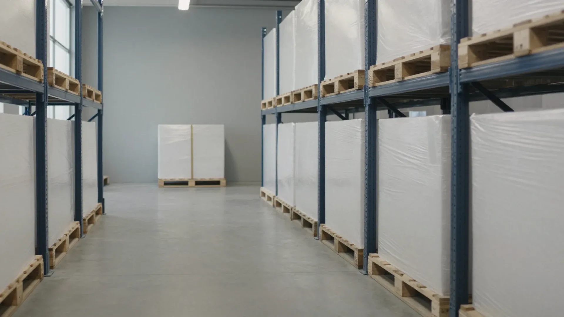 Illustration: a long warehouse aisle with pallet racking.