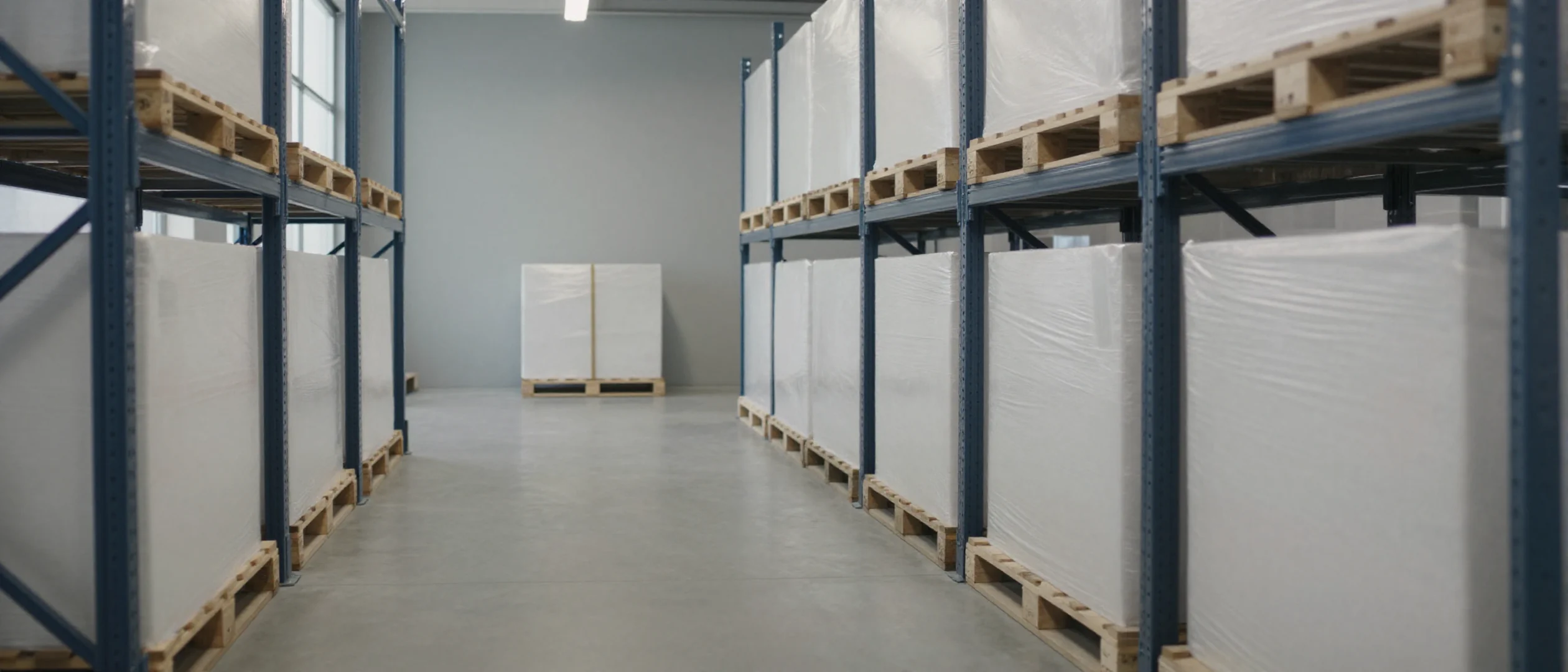 Illustration: a long warehouse aisle with pallet racking.