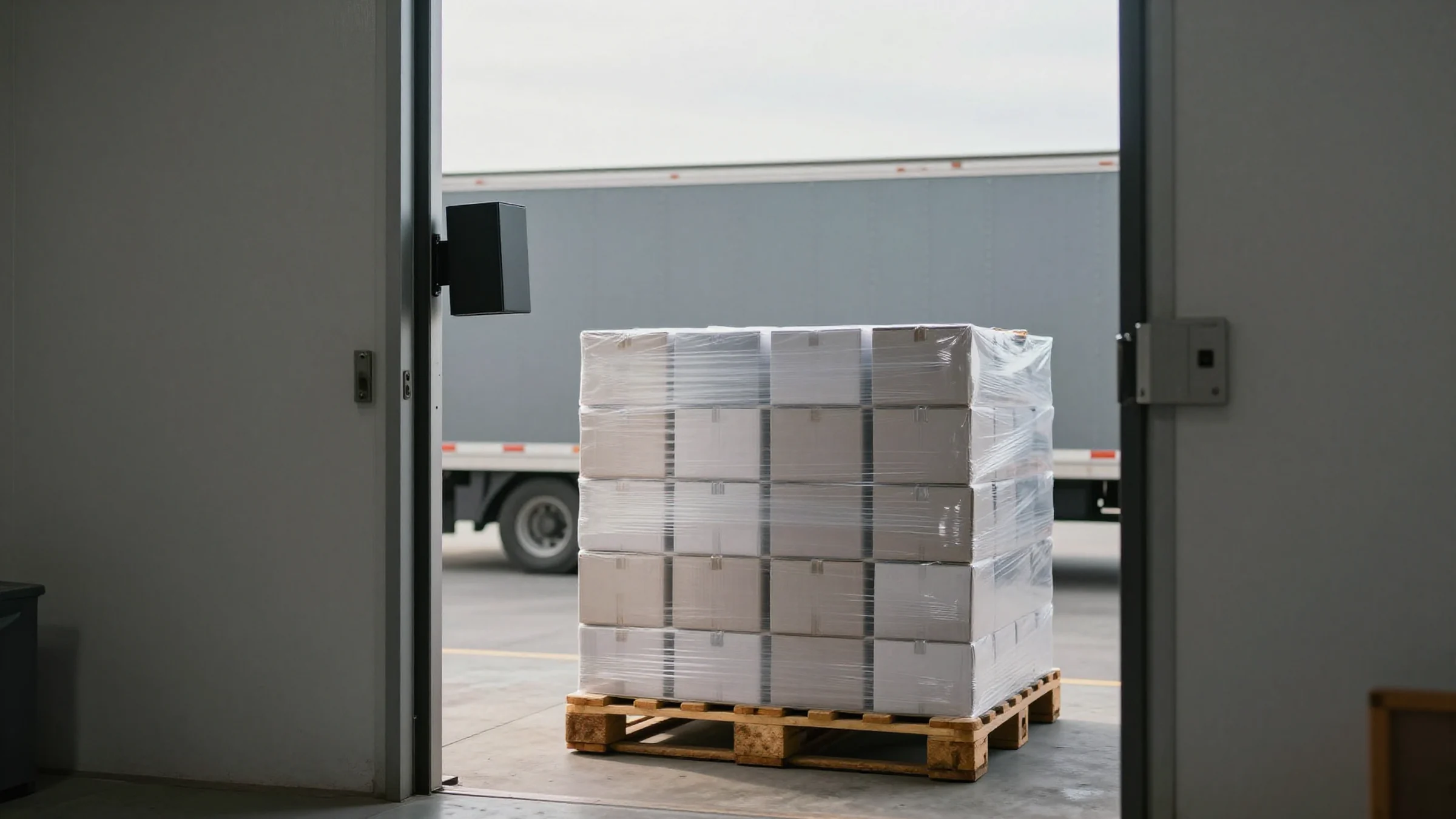 Illustration: a stretch-wrapped pallet of plain boxes just inside an open loading-dock door, with a small black box mounted on the door frame beside it and a grey trailer outside.