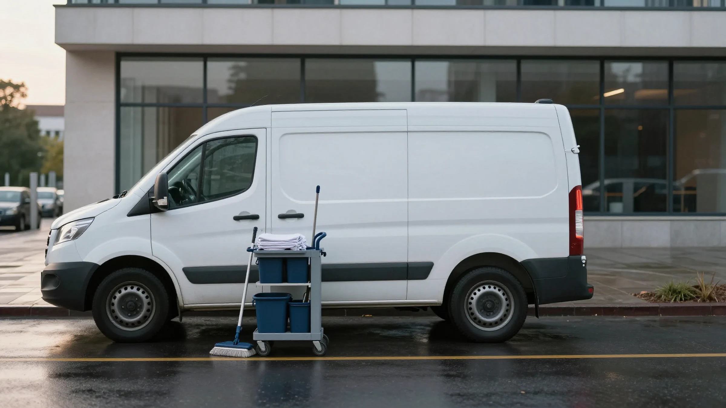 Illustration: a van and a cleaning trolley outside an office at dawn.