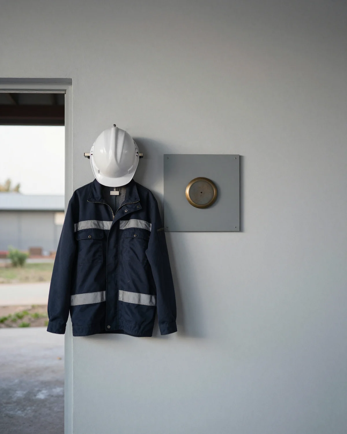 Illustration: a work jacket and hard hat hanging beside a clock-in button at a site entrance.