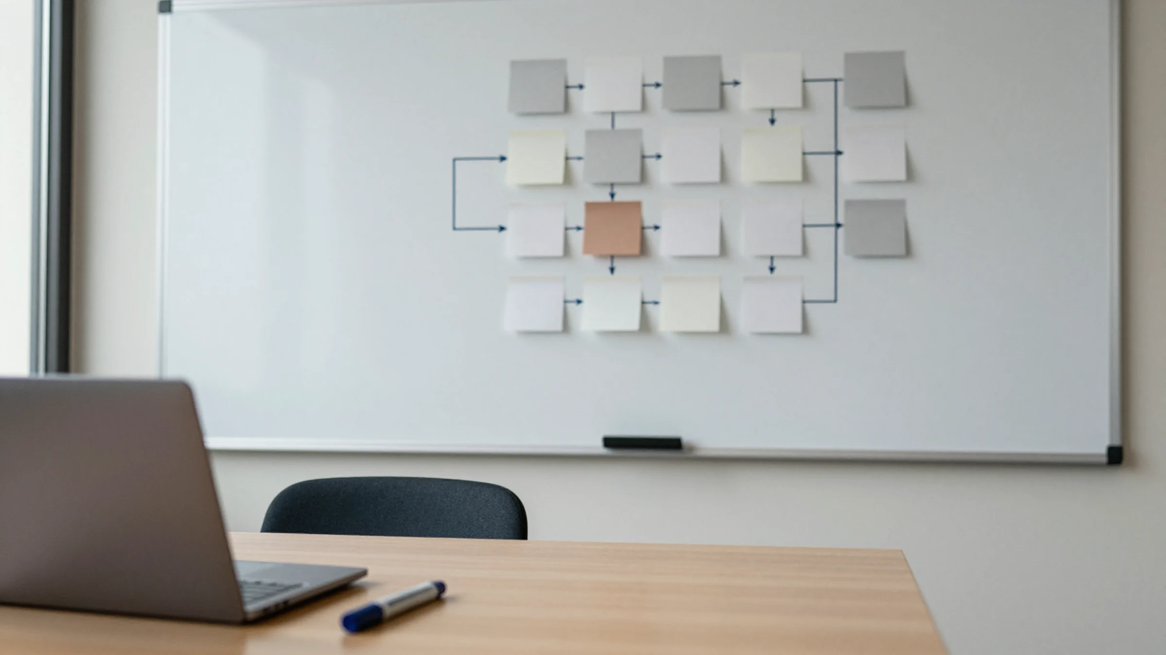 Illustration: a whiteboard of sticky notes and arrows.