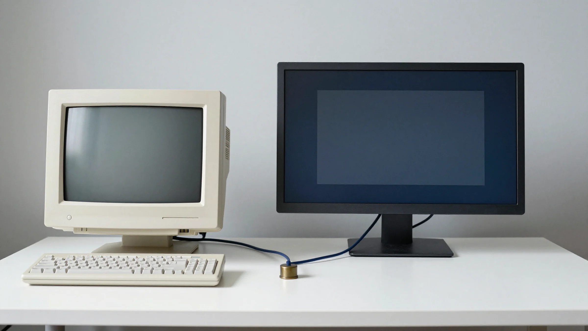 Illustration: an old beige computer and a modern flat screen on a desk, joined by one cable.