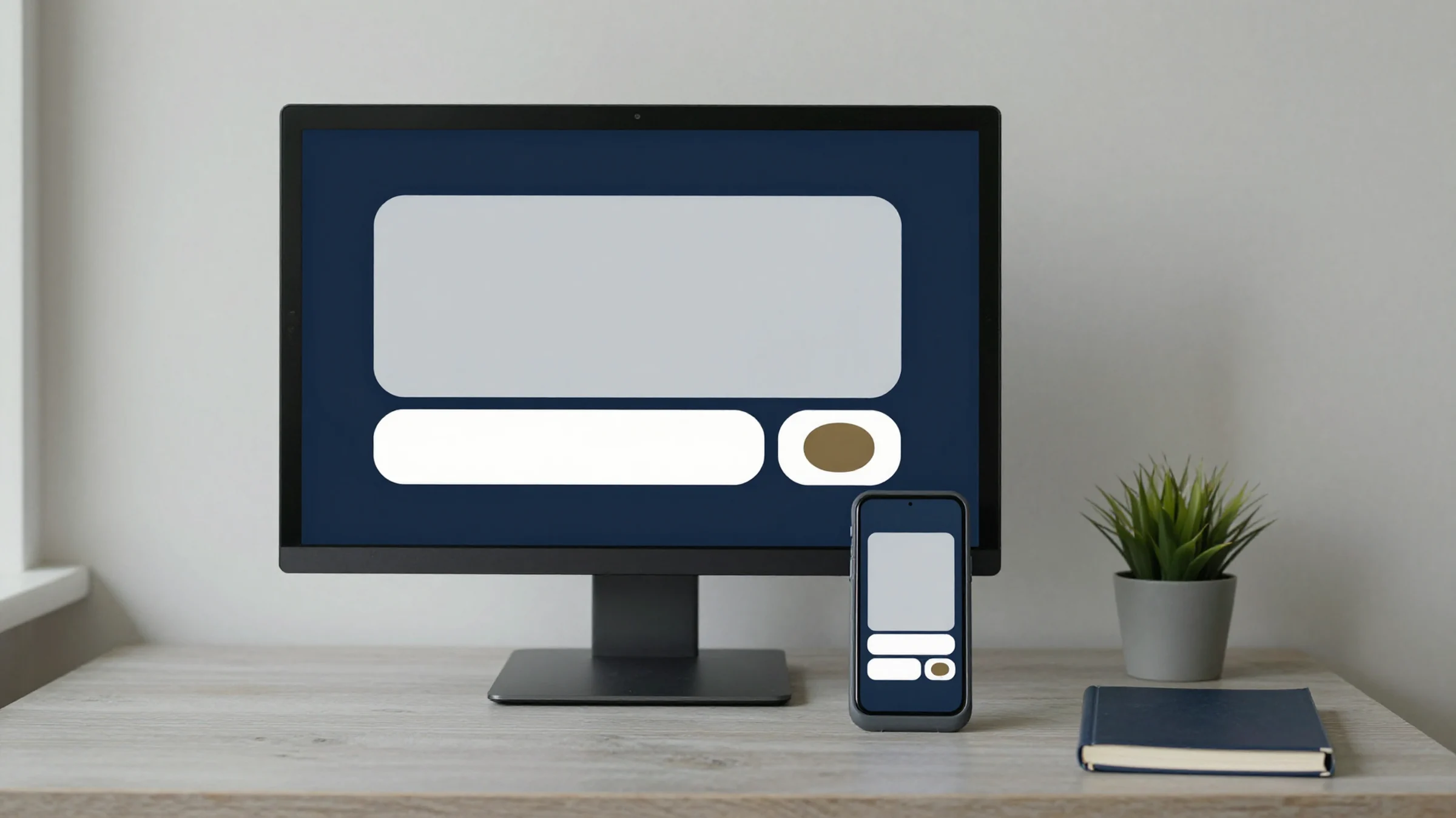 Illustration: a desktop monitor and a phone on a desk, both showing the same simple web page layout.