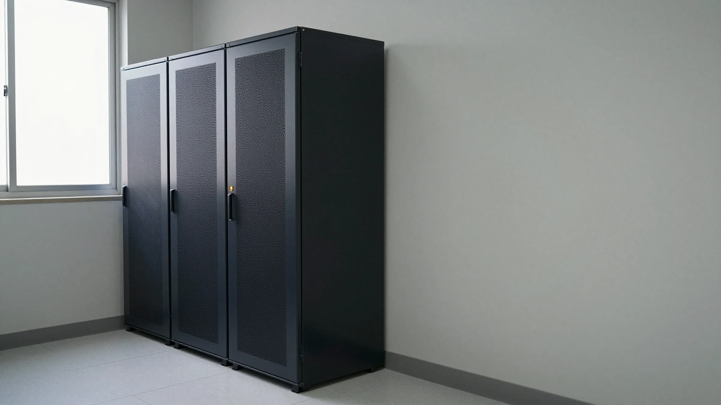 Illustration: a row of server cabinets in a quiet equipment room.